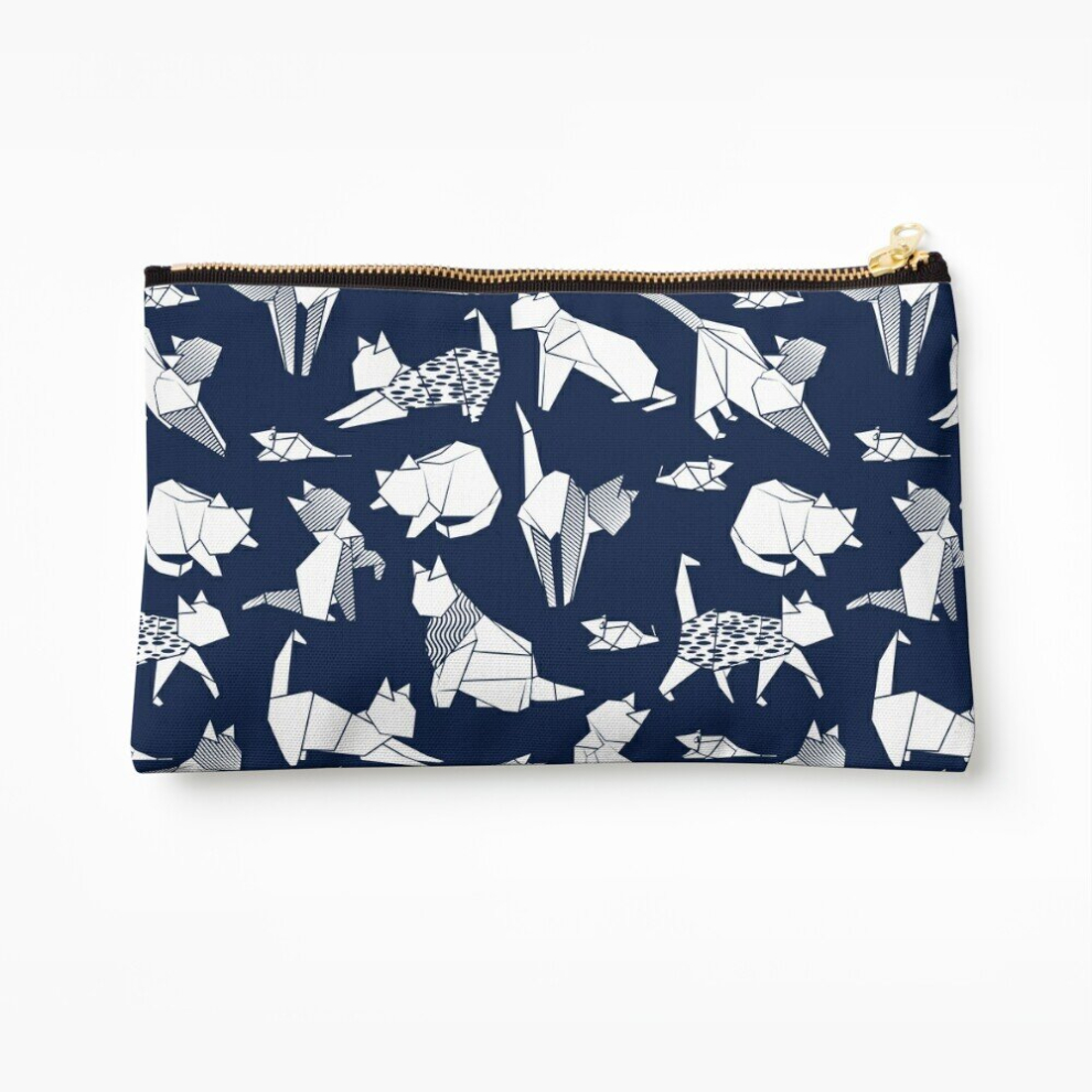 Whibos Blue Makeup Bag Origami Kitten Friends Navy Paper Cats Cosmetic Organizer Tyvek Paper Bags Zipper Pouch