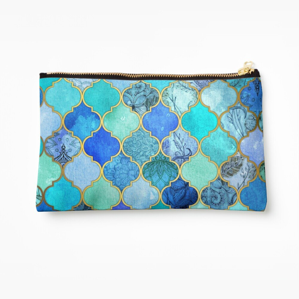 Whibos Makeup Bag Cobalt Blue, Aqua Gold Decorative Moroccan Tile Pattern Cosmetic Organizer Tyvek Paper Bags Zipper Pouch