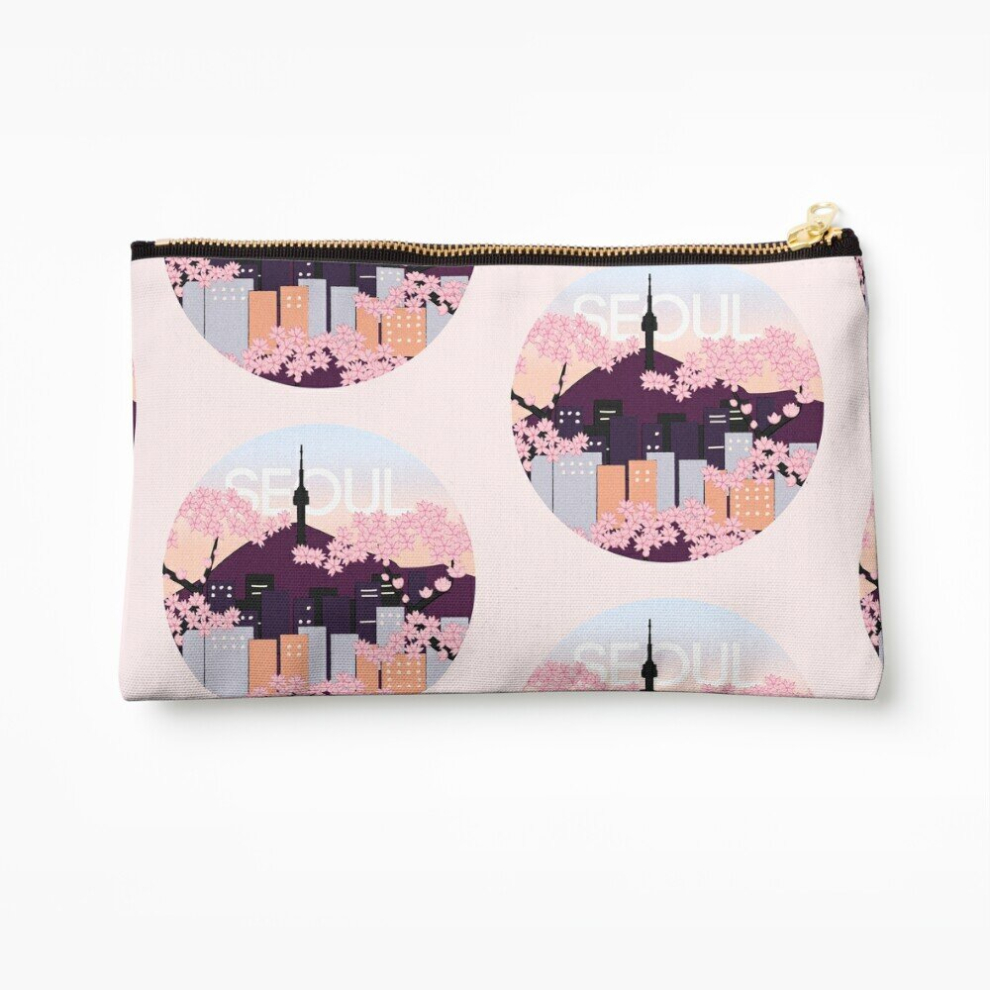 Whibos Makeup Bag Seoul Tower With Woodblock Style Cherry Blossoms South Korea Cosmetic Organizer Tyvek Paper Bags Zipper Pouch