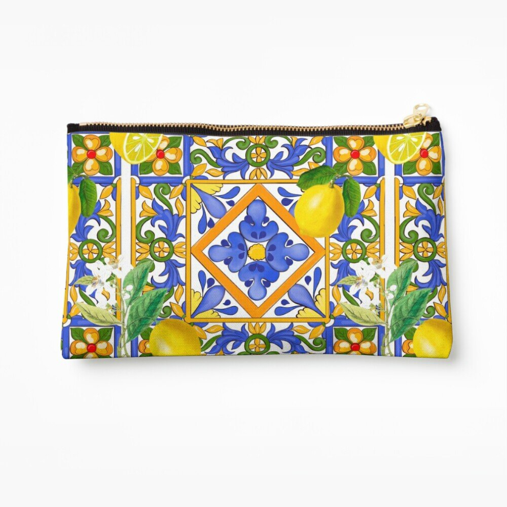 Whibos Makeup Bag Summer ,Sicilian Tiles ,Citrus,Oranges,Majolica,Lemons ,Mediterranean Cosmetic Organizer Tyvek Paper Bags Zipper Pouch