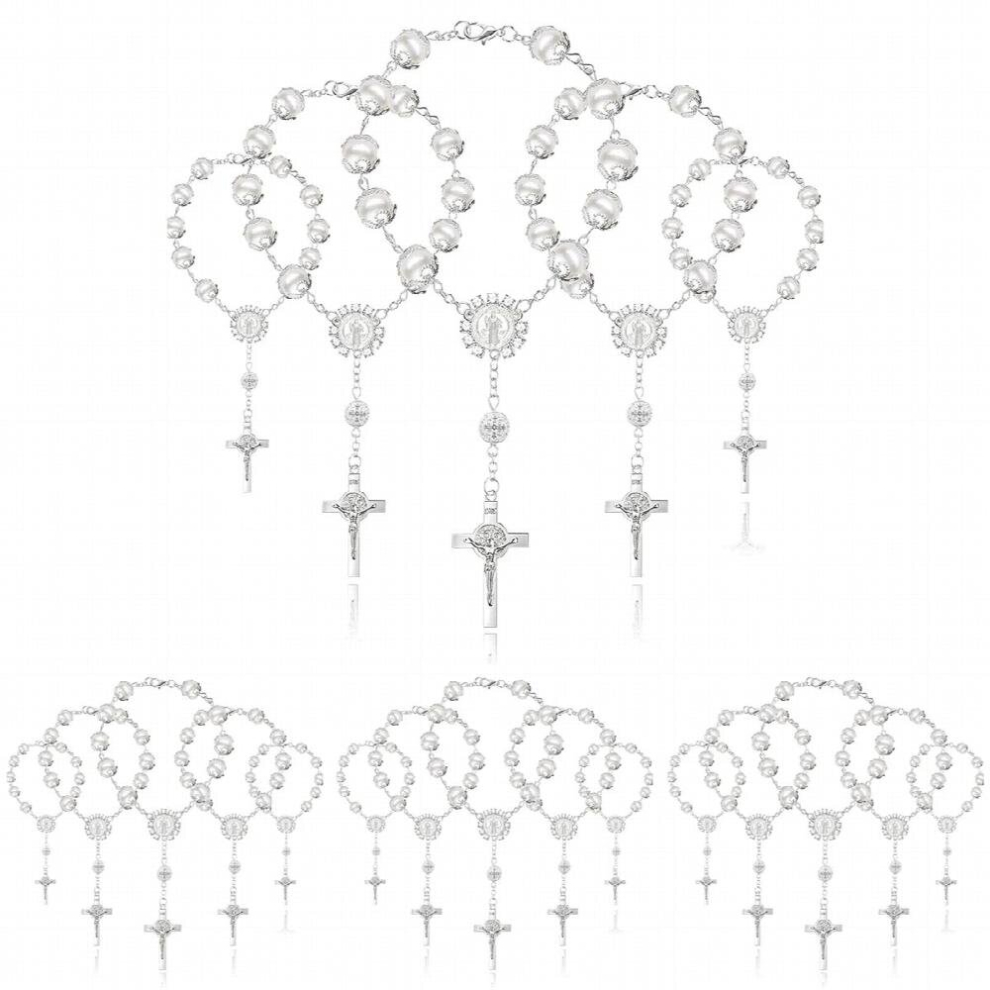 20Pcs Baptism Rosary Bracelet Catholic Holy Communion Crucifix Pendants Bracelet Prayer Beads For Baptism Silver