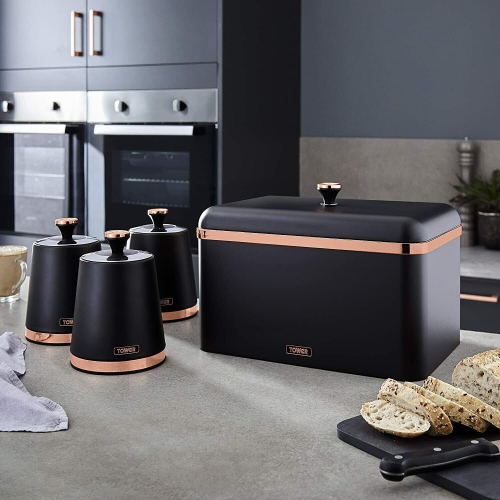 Tower TOWER Glamorous Kitchen BLACK & Rose Gold Cavaletto Bread Bin 2