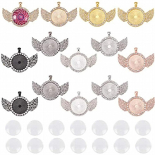 1 Set Rhinestone Bezel Pendant Trays Set, with 14 Pcs Wing Bezel Pendant Trays and 20 Pcs Glass Cabochons for DIY Jewelry Making
