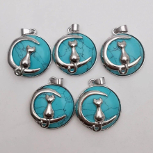 turquoise Stone charm Alloy cat Necklace Pendant removable for Jewelry making charm Pendulum 12pcs/lot