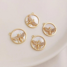 14K Retention Real Plated Copper Zircon Natural Shell 15MM Bee Pendant Charms DIY Findings Jewelry Making Accessories