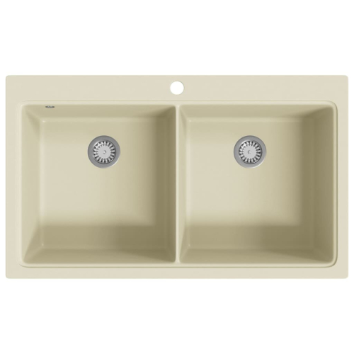 VidaXL vidaXL Granite Kitchen Sink Double Basins Beige Basket Strainer Basin Bowl 2