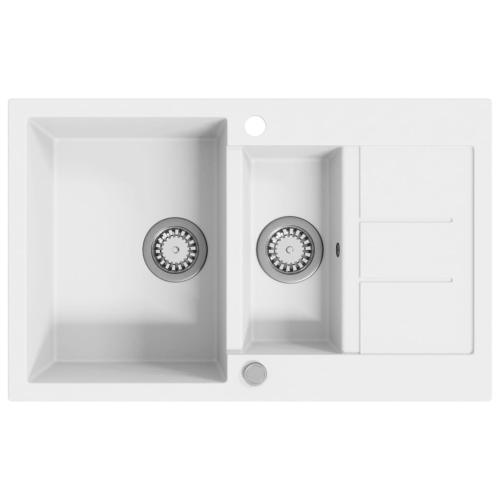 VidaXL vidaXL Granite Kitchen Sink Double Basins White Basket Strainer Basin Bowl 2