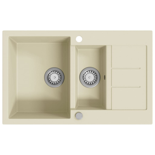 VidaXL vidaXL Granite Kitchen Sink Double Basins Beige Basket Strainer Basin Bowl 2