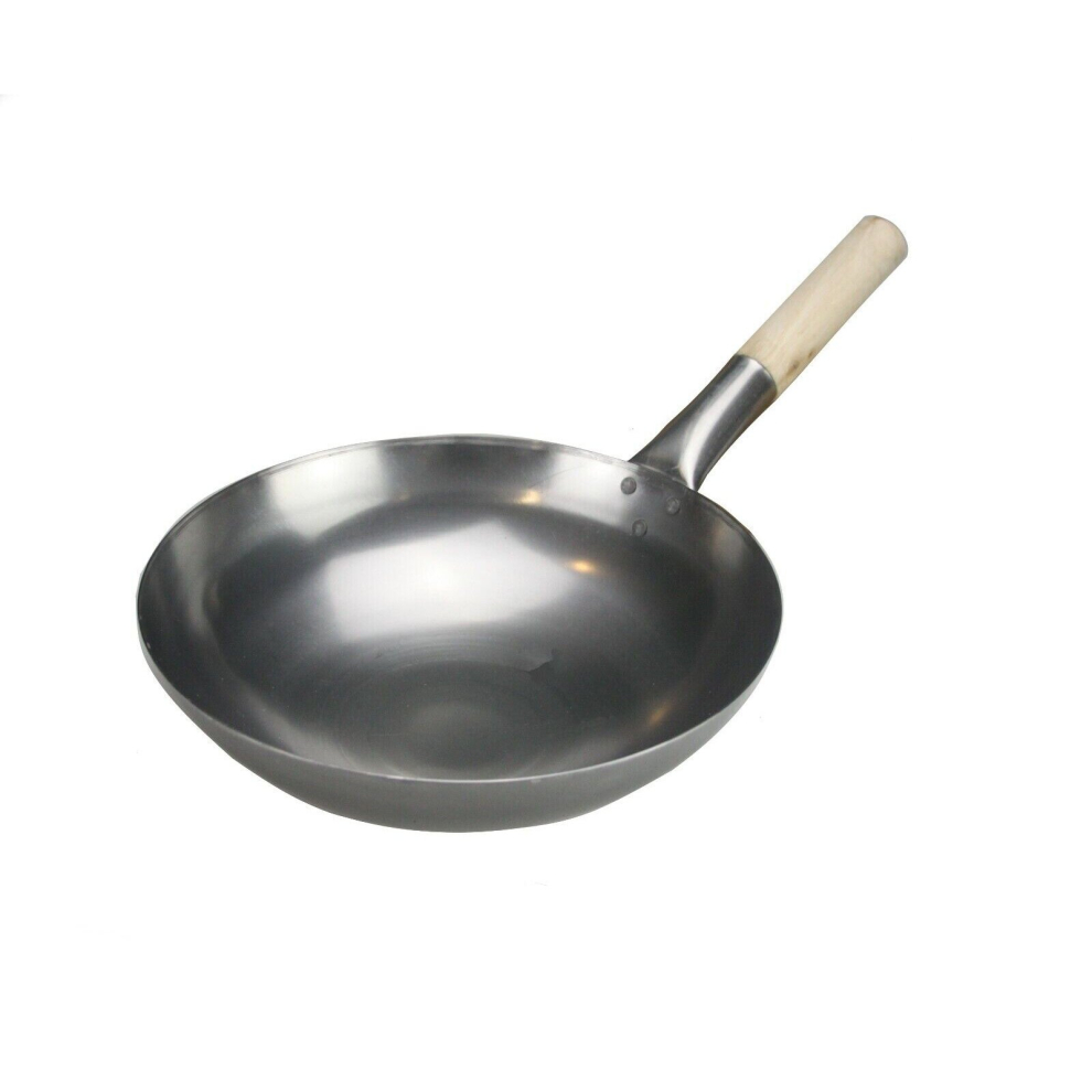 (Carbon Steel Wok Chinese Cooking Wooden Handle Stir Fry Pan Hob Catering) Carbon Steel Wok Chinese Cooking Handle Stir