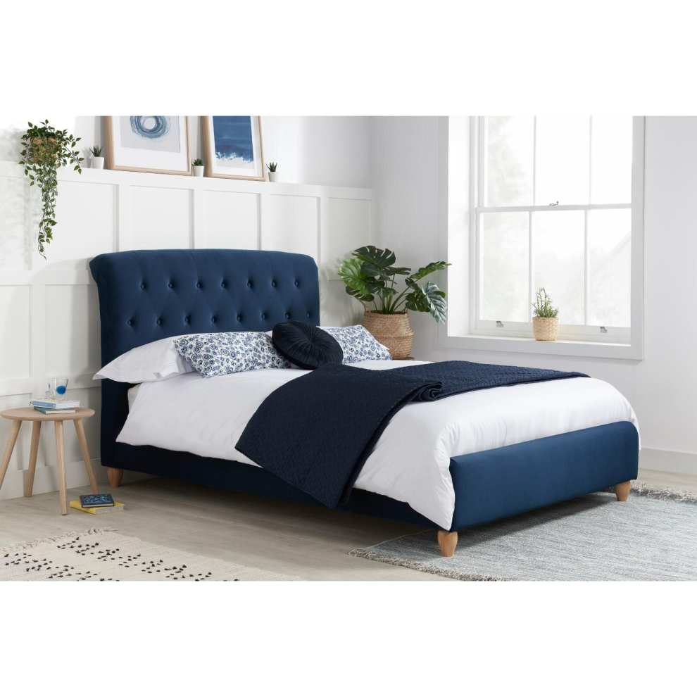 Blue King Size Bed Frame Brompton Upholstered Headboard 150cm 5FT Fabric Wood