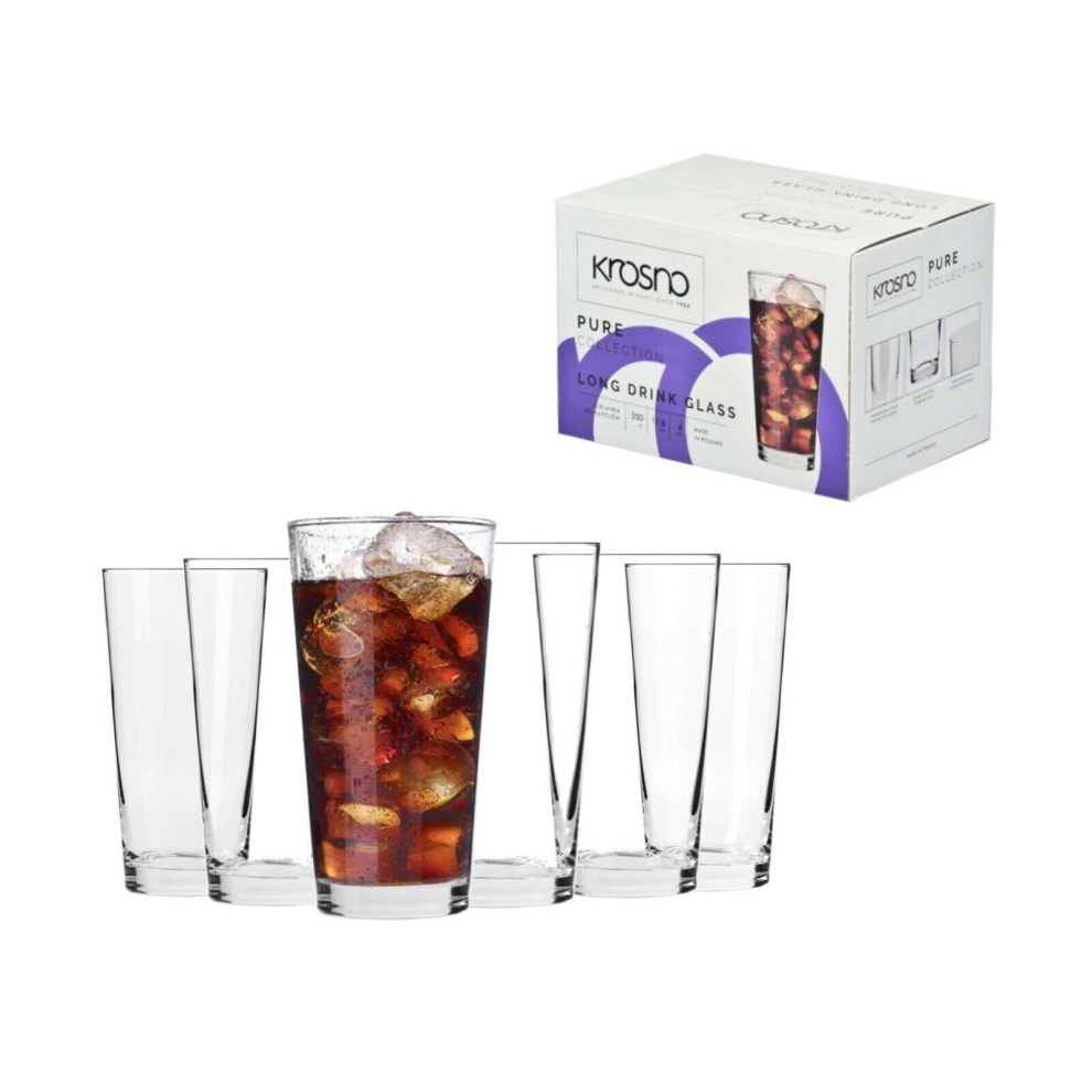 6x Highball Glasses Long Hiball Tumblers Tall Drink Water Juice 350ml