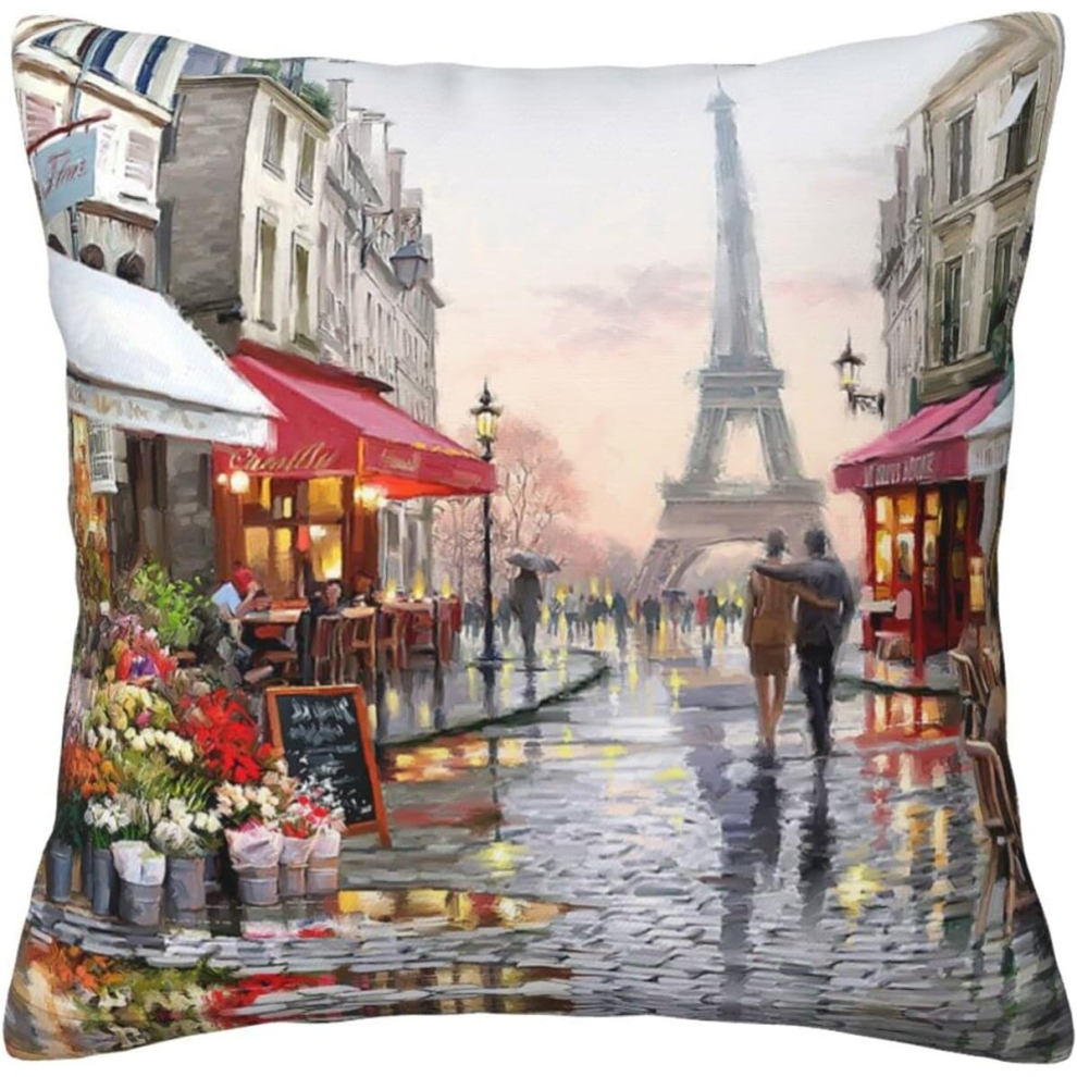 Oil Painting Paris Street Scene Eiffel Tower Pillow Case Covers Print Cotton Decorative Pillow Case Protector For Room SofaBlackx-image-OPC-PCTQG6M-NEW