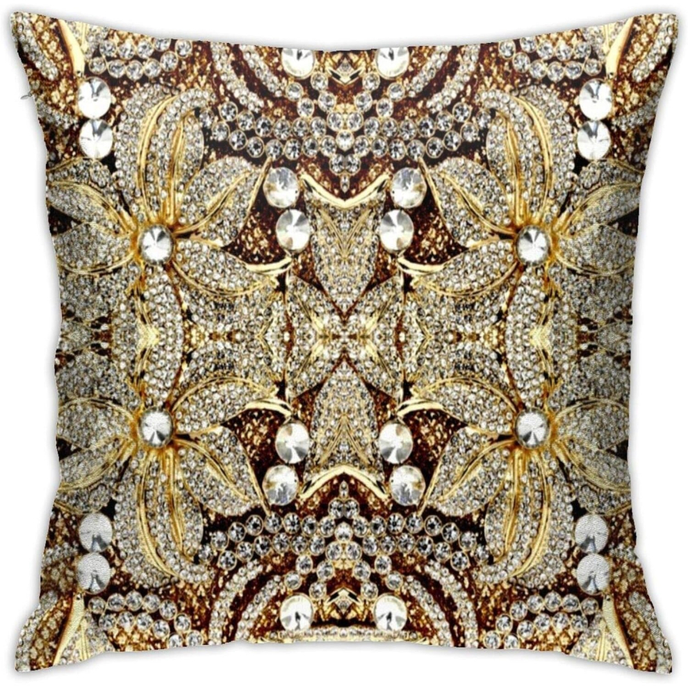 Kerota Vintage Art Deco Jewelry Flower Champagne Rhinestone Bedroom Couch Sofa Square Pillow Cases Home Decor Throw Pillow Covers 18X18 Inch Gold