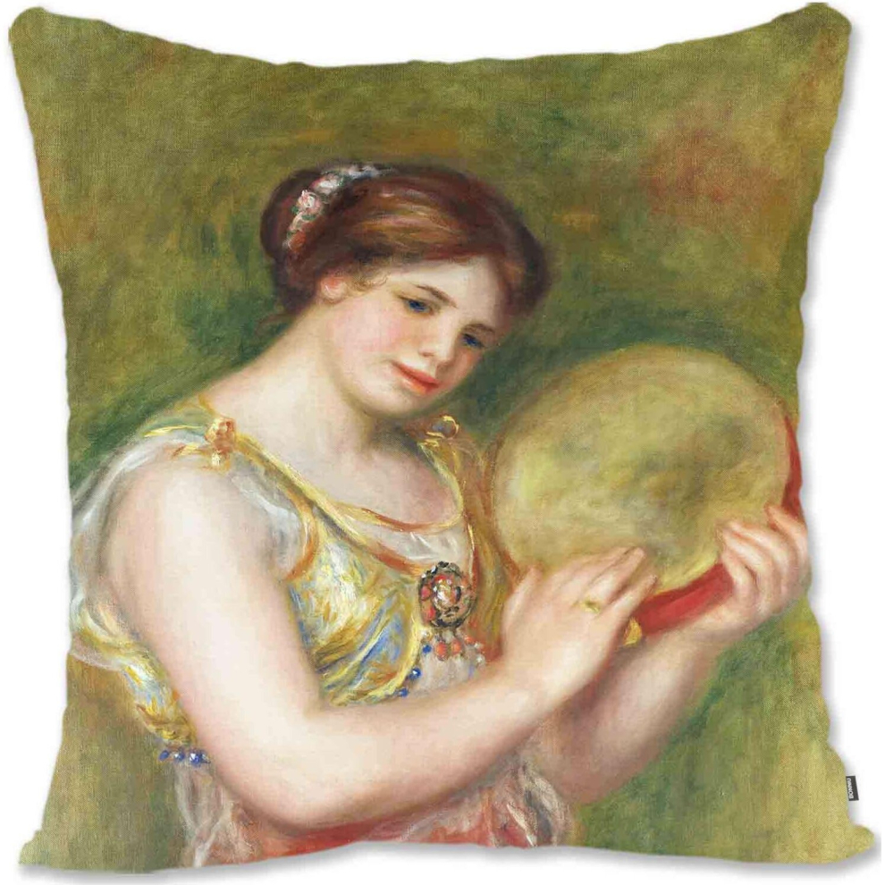 Decorative Throw Pillow Case Cover  Impressionist Woman Portrait Art - Renoir - Woman Reading RE-Dancing Girl With Tambourine Re-image-OPC-PCTRJNM-NEW