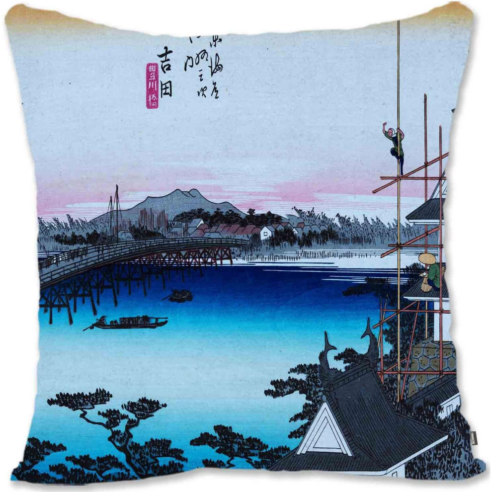 Decorative Toss Pillow Case Cover Protector Japanese Ukiyo-e Seascape Art - Hiroshige I - Yoshida I From The Fifty--image-OPC-PCTRTKT-NEW
