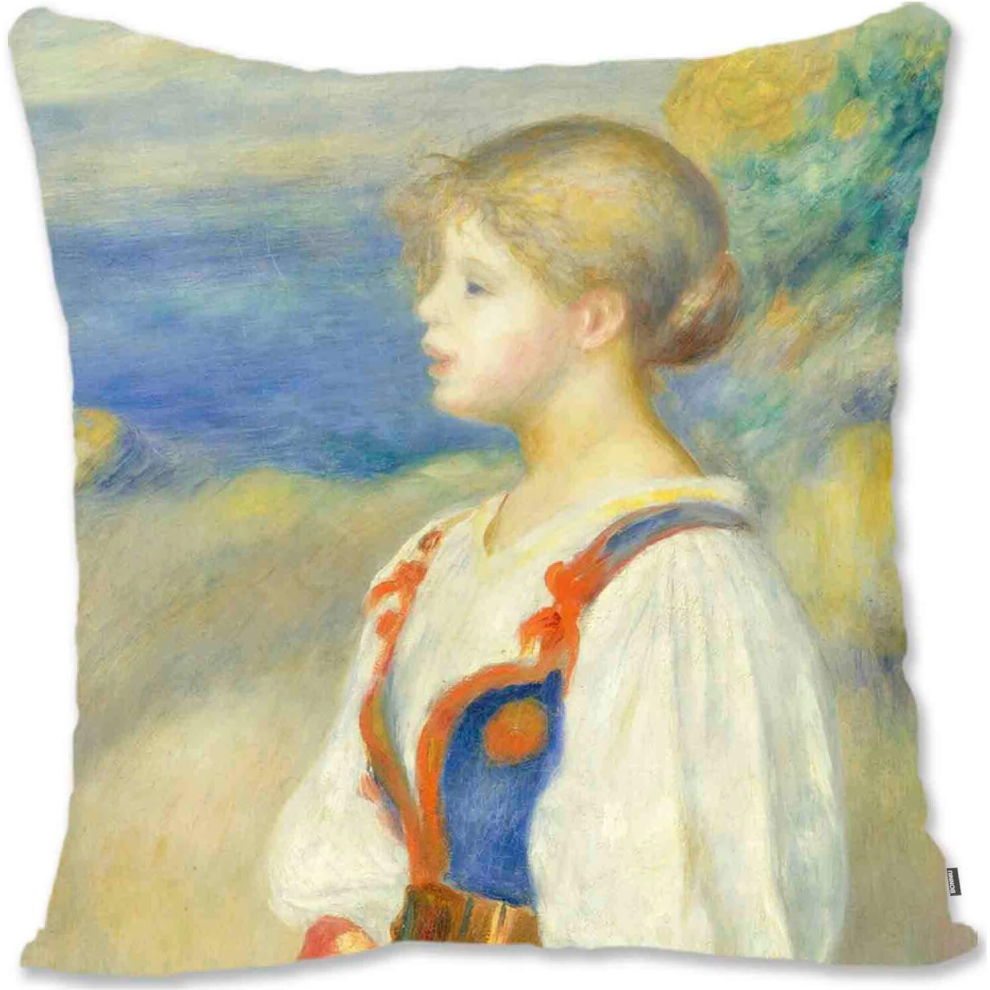 Decorative Toss Pillow Case Cover Protector Impressionist Woman Portrait Art - Renoir - Gabrielle With Black Scarf RE-Girl With a Basket of Oranges Re-image-OPC-PCTRWW9-NEW