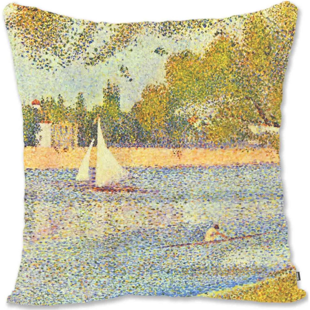 Decorative Throw Pillow Case Cover  Pointillism Landscape Art - Signac - The Lagoon Of Saint Mark Venice SN-The River Seine at La Grande Jatte Sr-image-OPC-PCTSGGJ-NEW