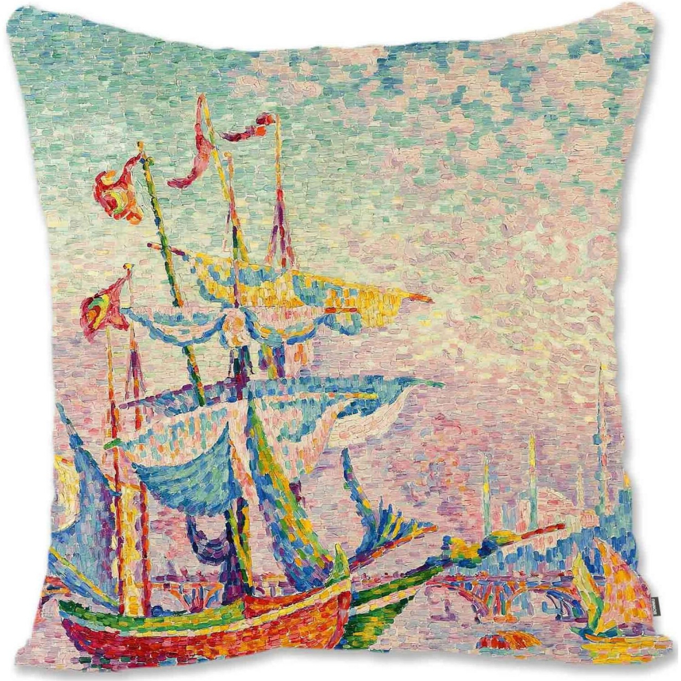 Decorative Throw Pillow Case Cover  Pointillism Landscape Art - Signac - The Clipper SN-The Port of Golden Horn Sn-image-OPC-PCTSGQ6-NEW