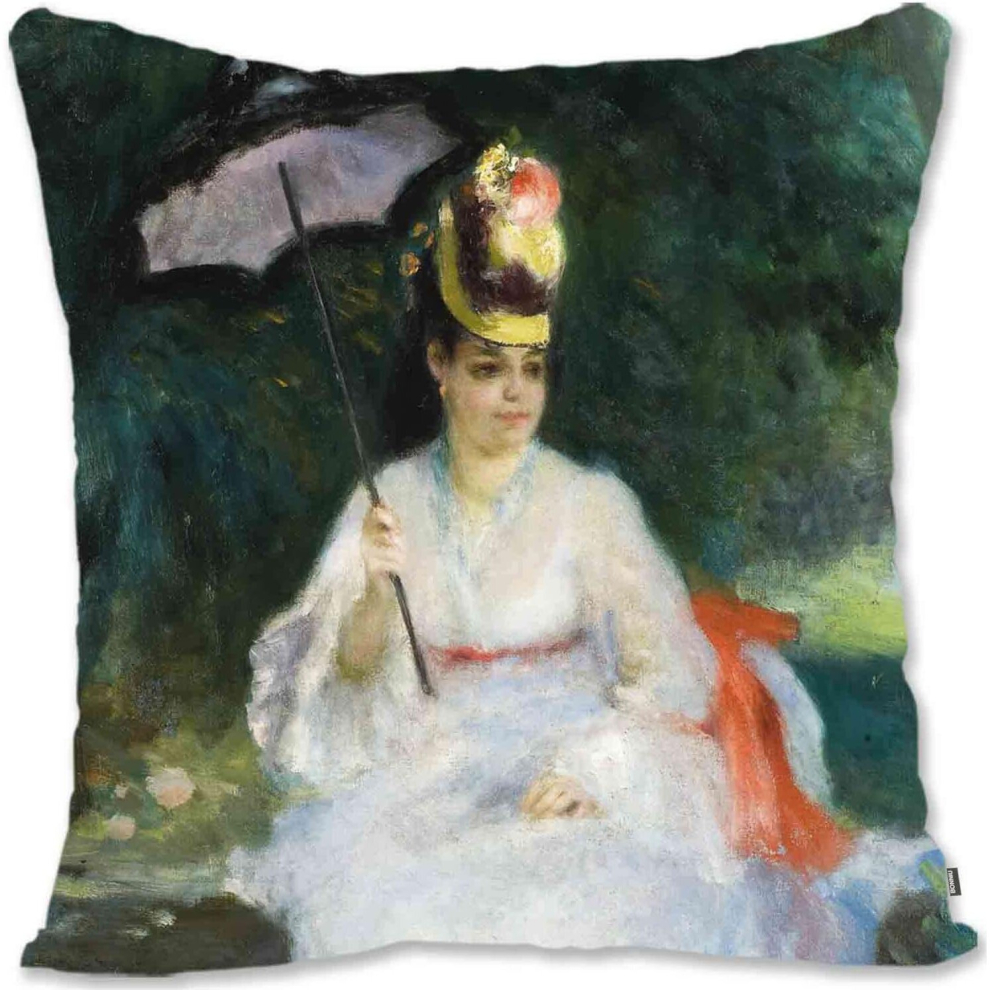 Decorative Toss Pillow Case Cover Protector Impressionist Woman Portrait Art - Renoir - Woman Reading RE-Woman at the Shadow Sitting in the Garden Re-image-OPC-PCTSJ78-NEW