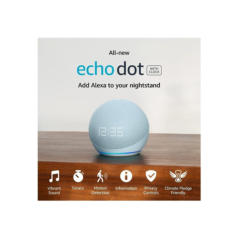 Amazon Echo Dot (5th Generation, Blue) with Clock