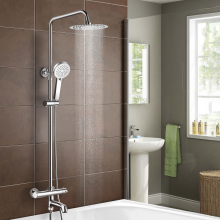 Nes Home Fawley Round Thermostatic Shower Kit with Bath Filler - Chrome, Solid Brass, 8in Rainfall Head, Adjustable Riser Rail, 3-Outlet