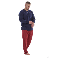 (Navy, XXL) Malay Mens Pyjama Set Cotton Jersey Henley Top Loungewear Lightweight Nightwear M-XXL