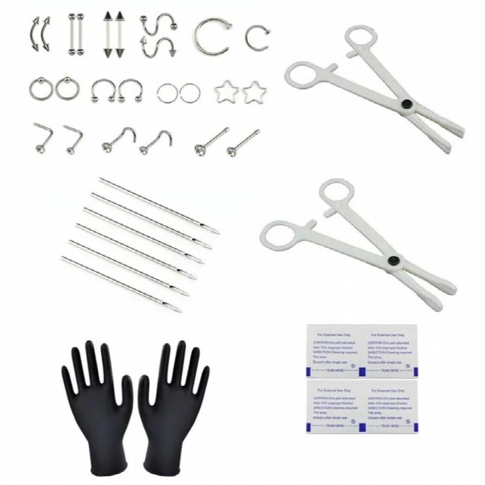 38PCS Professional Body Piercing Jewelry Tool Kit Ear Nose Navel Nipple Needles