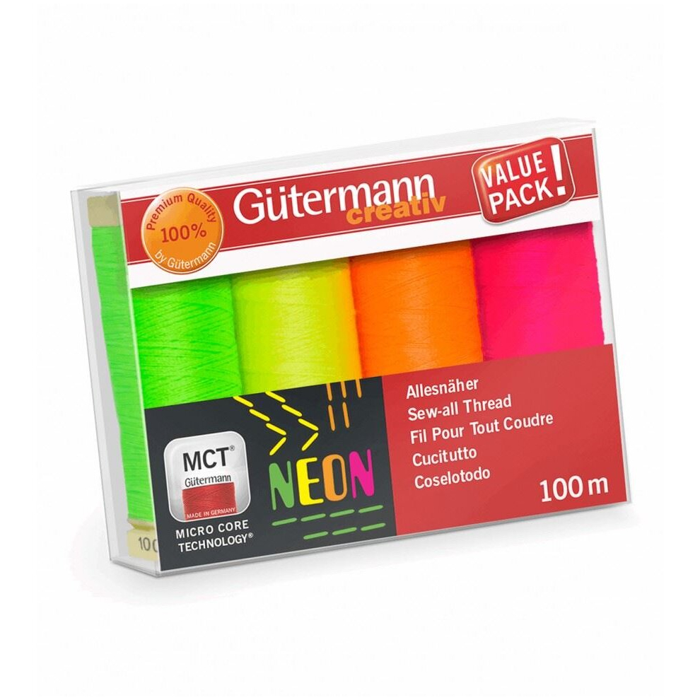 Gutermann Neon Sew All Thread Set Assorted Colours - 100 Metres - per pack of 4