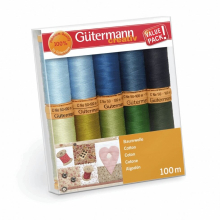 Gutermann Natural Cotton Thread Set - Cool Shades, 10 x 100m Mercerized Cotton C No.50, Patchwork & Quilting per pack 734521\5