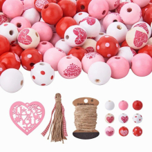 1 Set Valentines Wooden Beads Kit with Heart Wood Charms Jute Twine Cord for DIY Necklace Bracelets Home Decor Making Supplies
