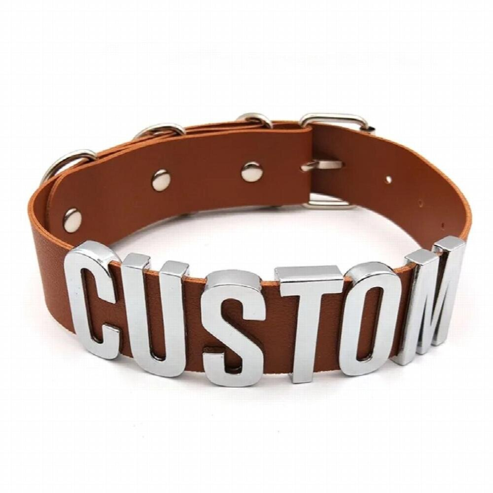 Multicoloured Punk Brown Pu Personalized 35Mm Letters Choker Necklace Sexy Name Word Collars Cosplay Buckle Chocker Jewelry Bitchwear