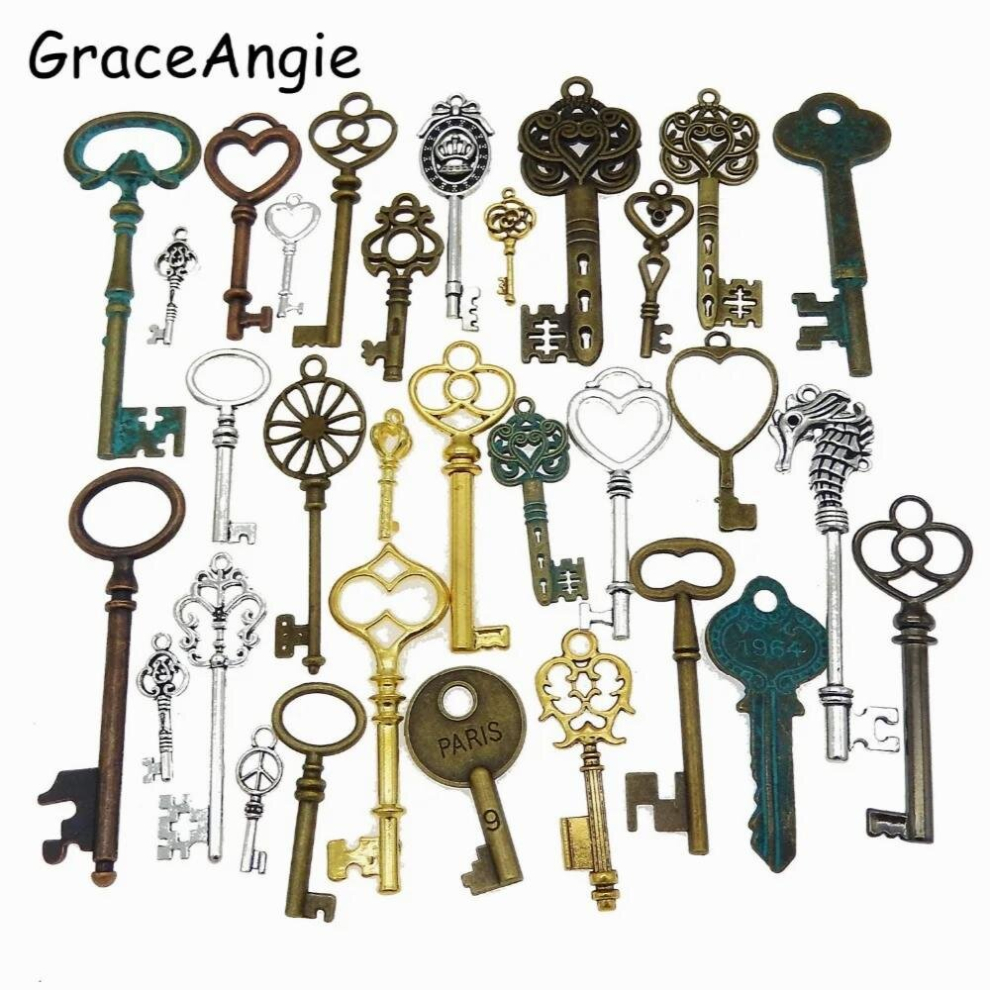10pcs Mix Metal Key Pendant Alloy Lovely Large Crown Key Charms Vintage Jewelry Keys Charms Antique Bronze Key