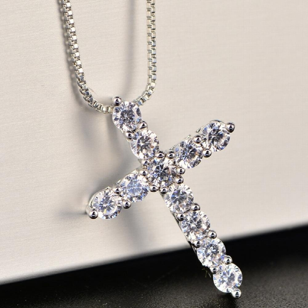 925 Sterling Silver Necklace For Woman men 18 inch Box chain crystal cross Pendant Jewelry