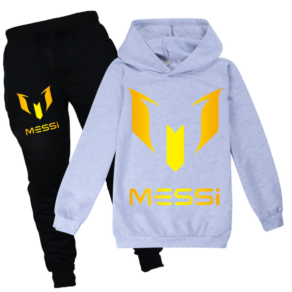(140cm) Black-Grey Football Idol Messi Clothes Kids 2 Piece Hoodie Suit