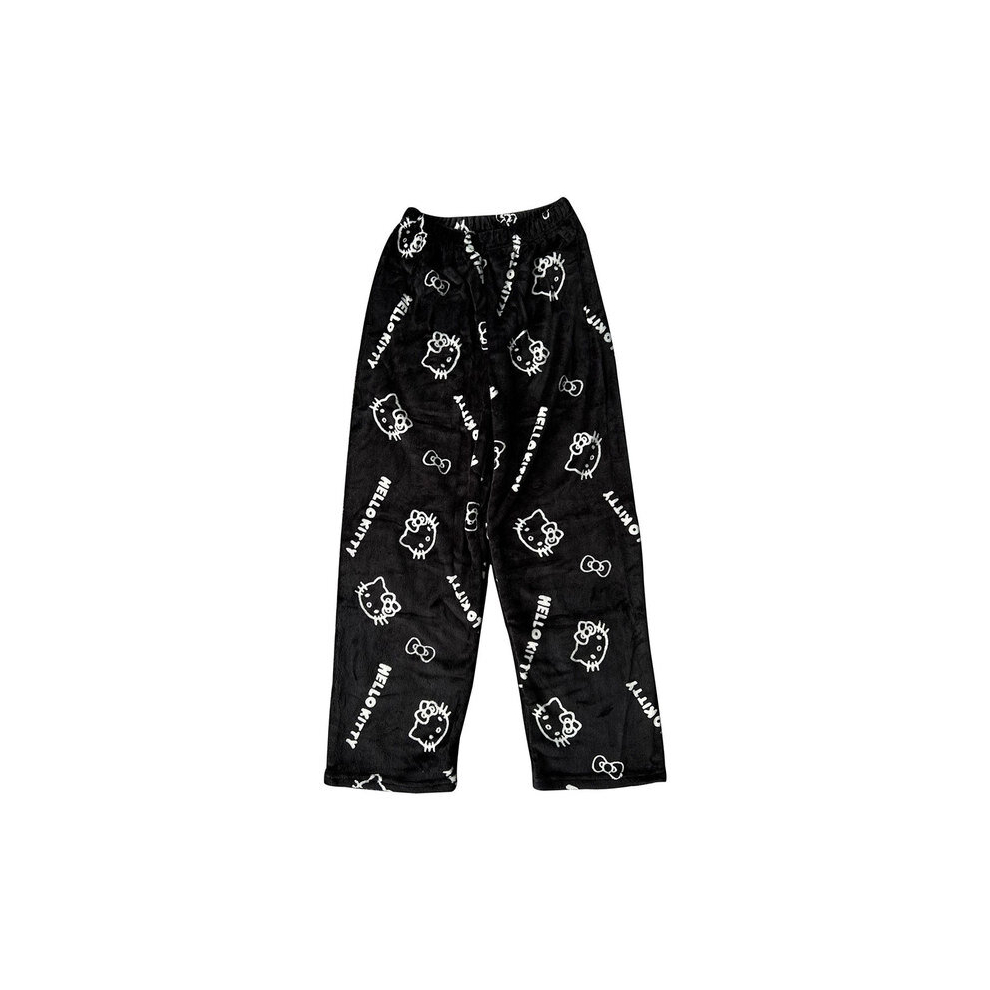 (1, XXL 60-70KG) Sanrio Hello Kitty Flannel Pajamas Black Women'S Warm Woolen Cartoon Casual Home Pants In Autumn Winter Fashion Trousers