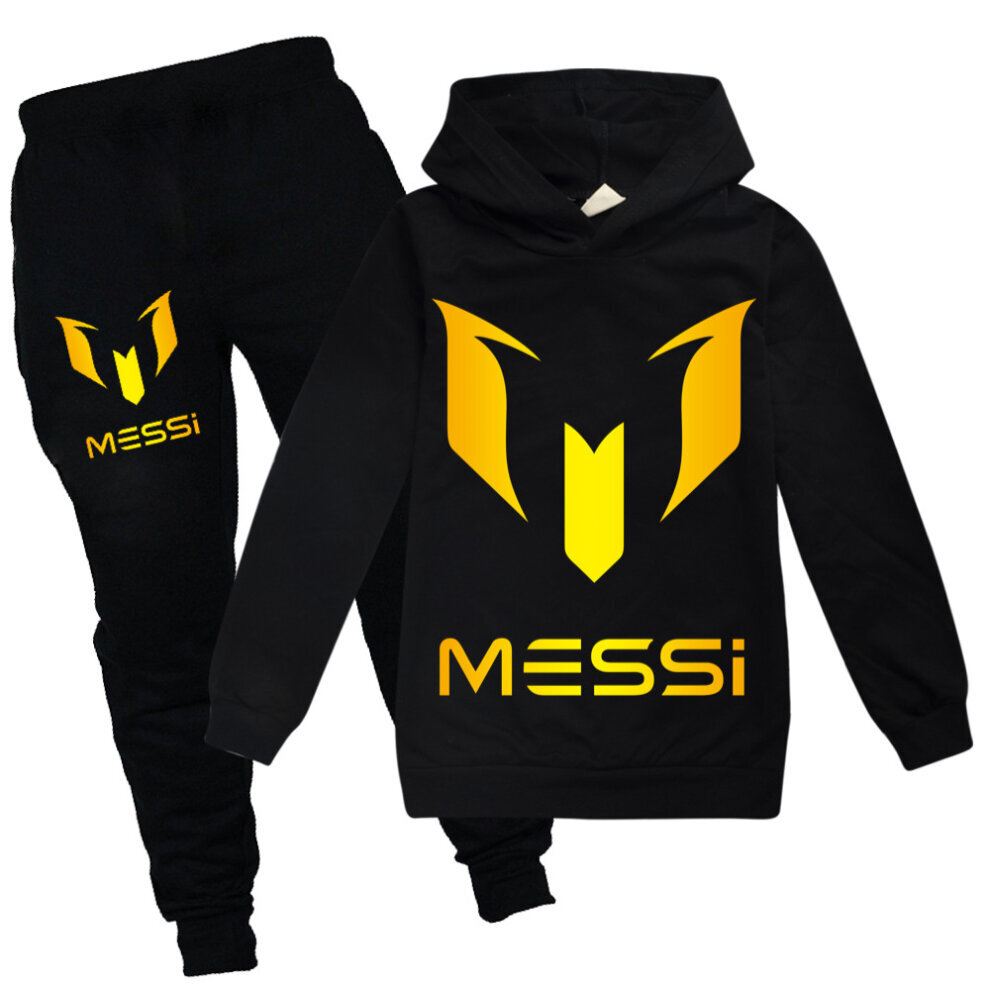 (150cm) Black Football Idol Messi Clothes Kids 2 Piece Hoodie Suit