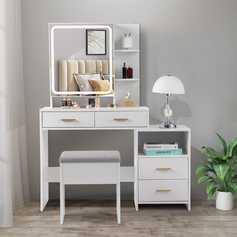 Bedroom Dressing Table W/ Slide LED Mirror Makeup Desk Vanity Table Set & Stool