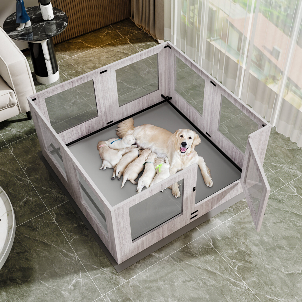 Wooden Dog Whelping Box: Large Indoor Tempered Glass Puppy Playpen