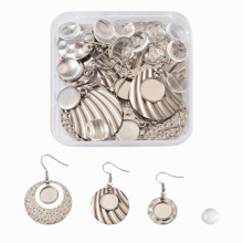 24Pcs/Box Flat Round Stainless Steel Dangle Earring Hooks with Round Glass Cabochons for DIY Dangle Earring Making Kits