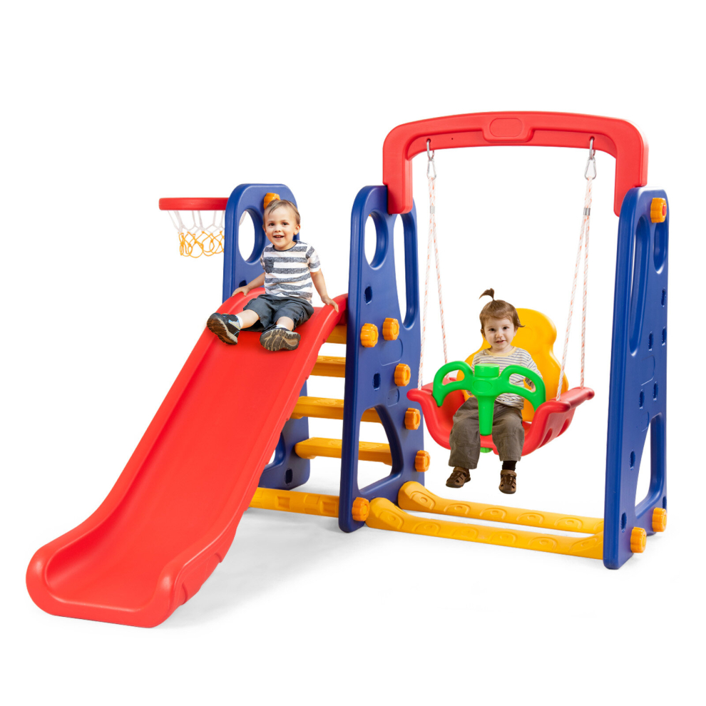 3-in-1 Toddler Slide and Swing Playset Climber Set with Basketball Hoop