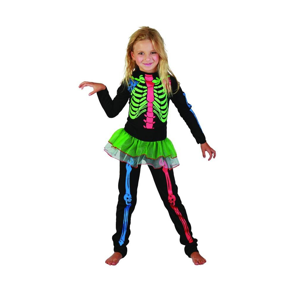 (S 4-6 years (110-120 cm)) Colorful skeleton costume for girls