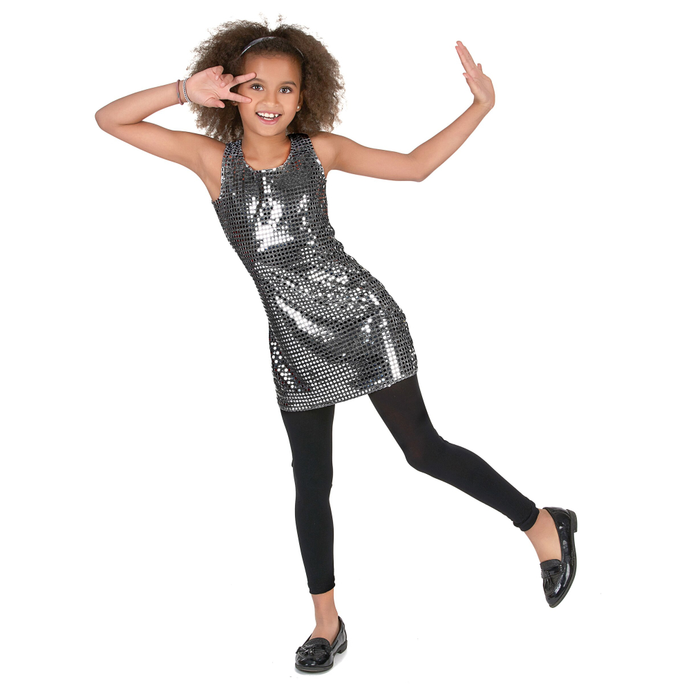 (5 - 6 years (S)) Girls' silver glitter disco costume