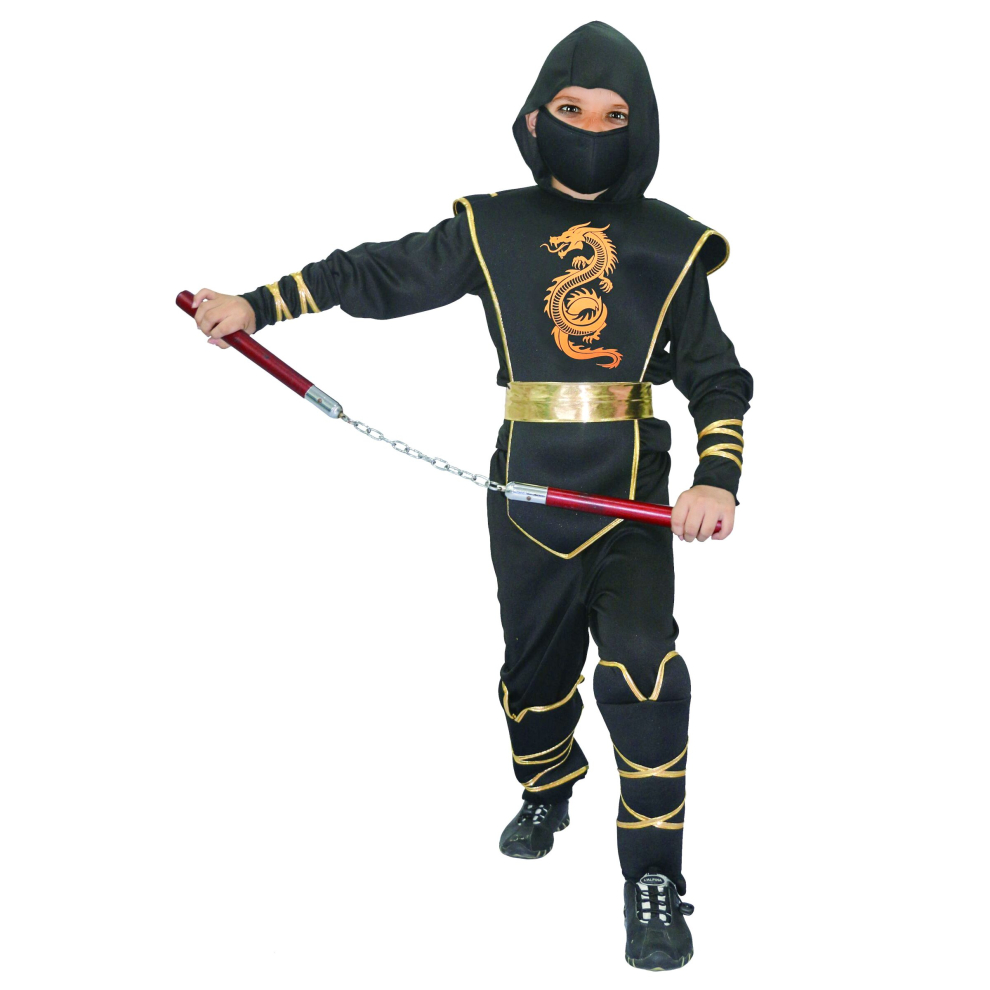 (M 7-9 years (120-130 cm)) Boys' black and gold ninja costume