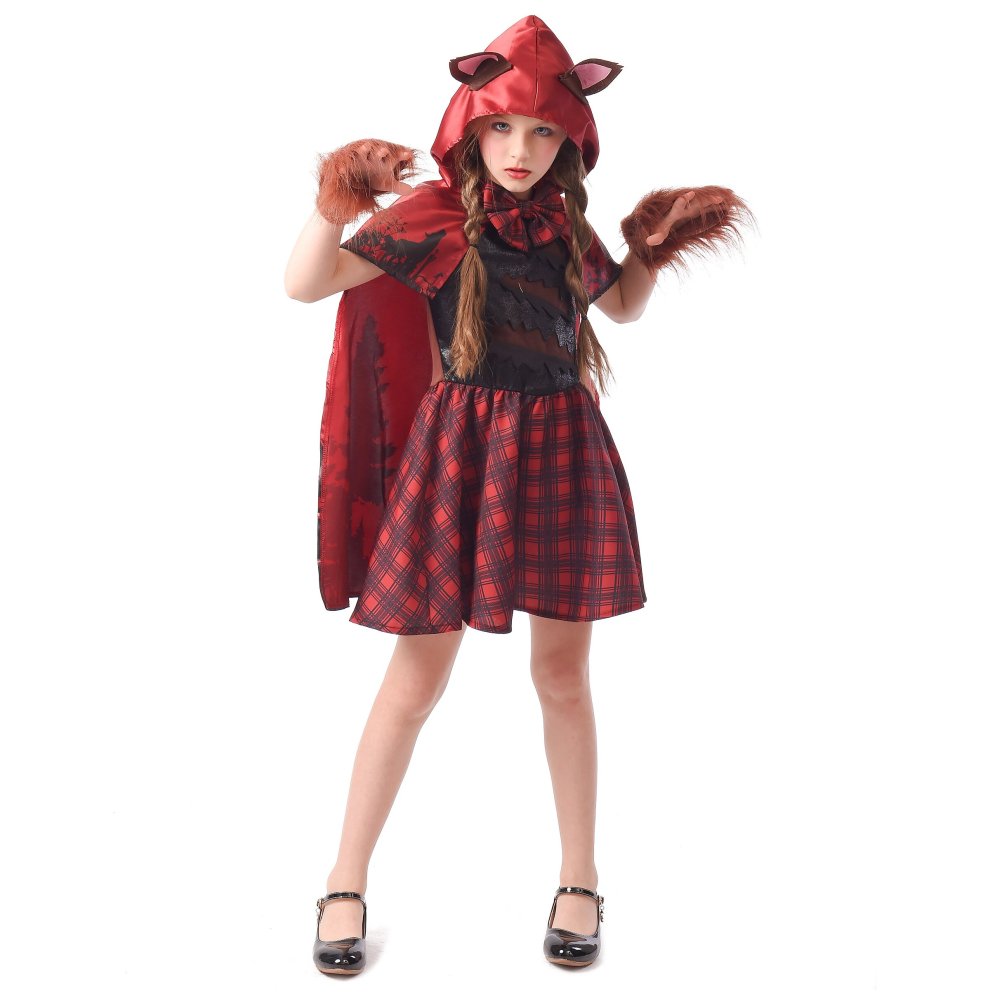 (L 10-12 years (130-140 cm)) Werewolf riding hood costume for girls