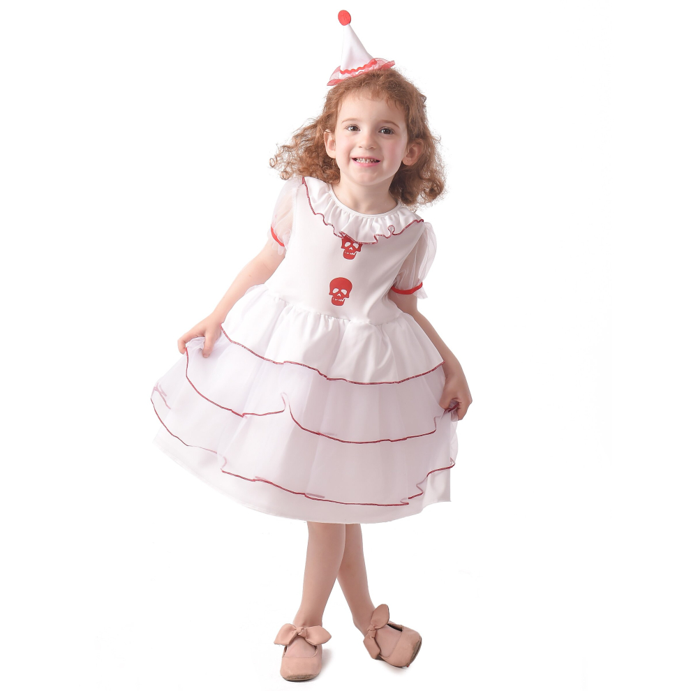 (M 7-9 years (120-130 cm)) White clown skull costume for girls