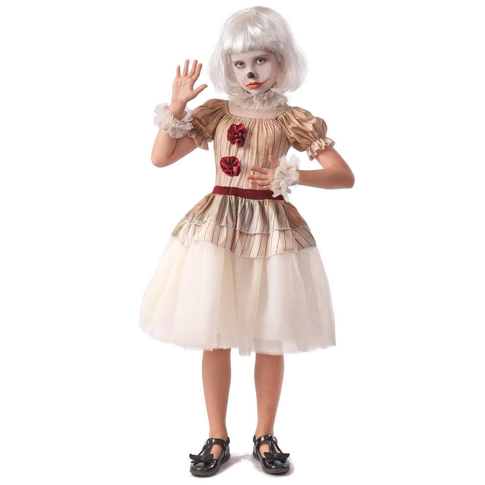 (L 10-12 years (130-140 cm)) Terrifying beige clown costume for girls