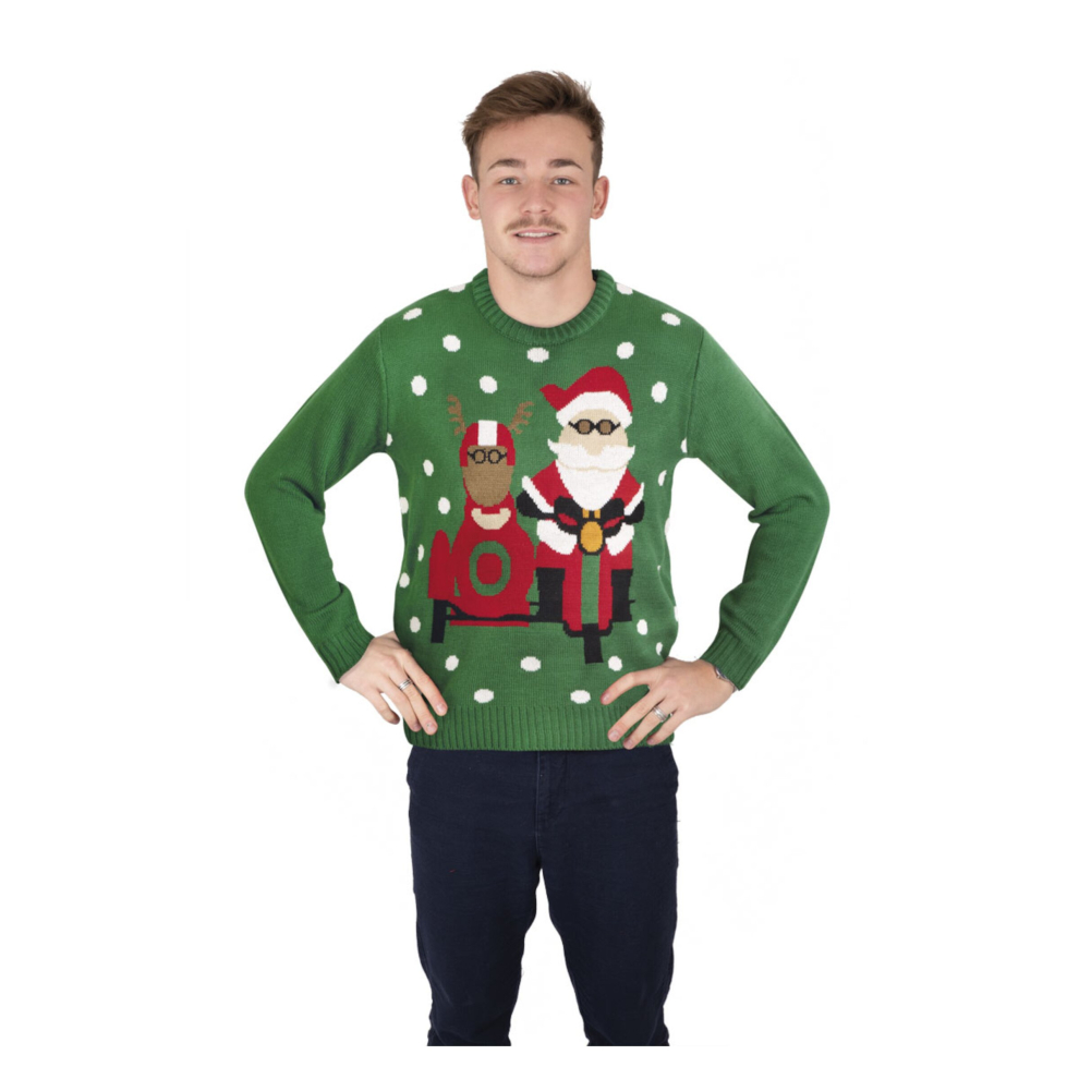 (S / M) Green Christmas sweater with biker Santa