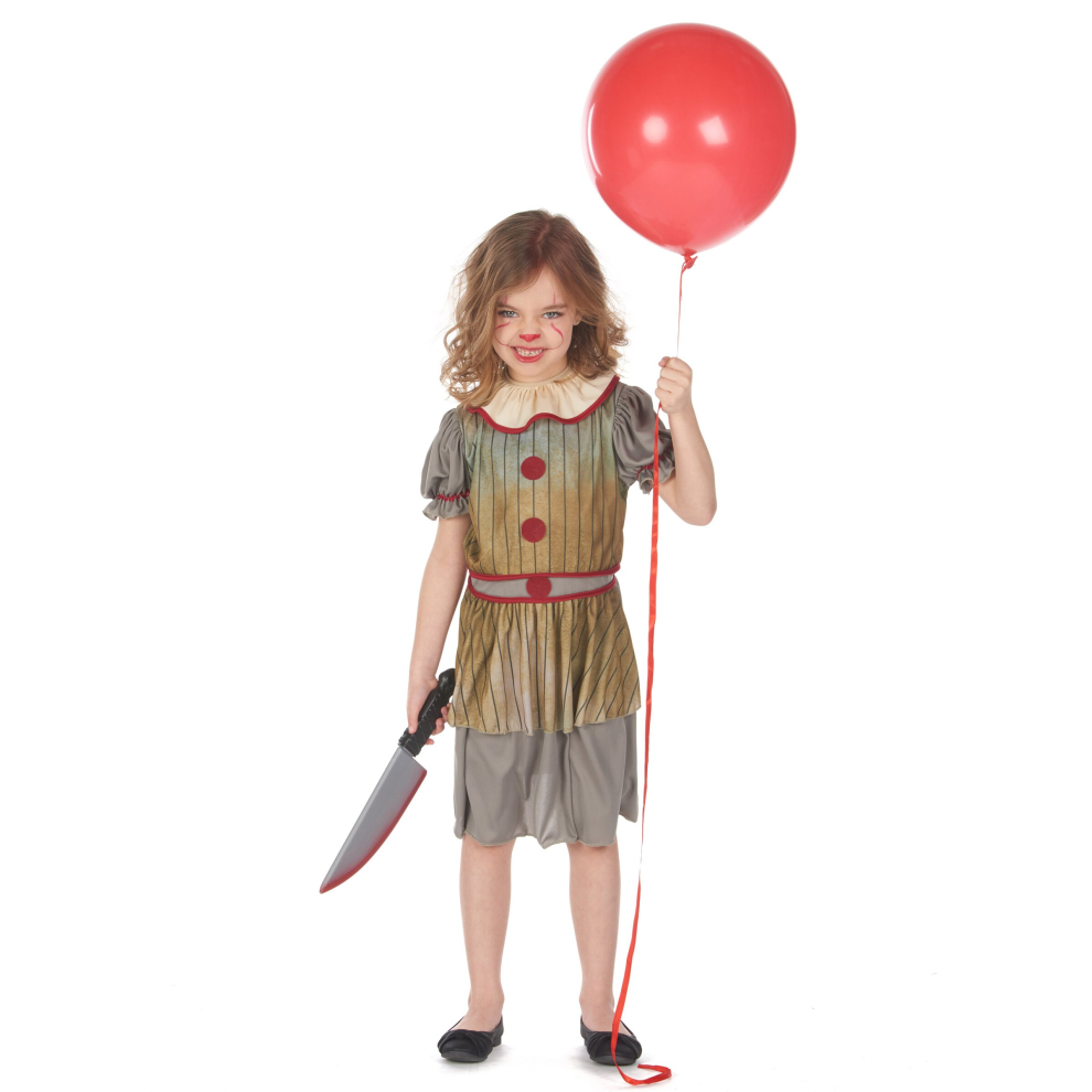 (L 10-12 years (130-140 cm)) Girls' gray terrifying clown costume