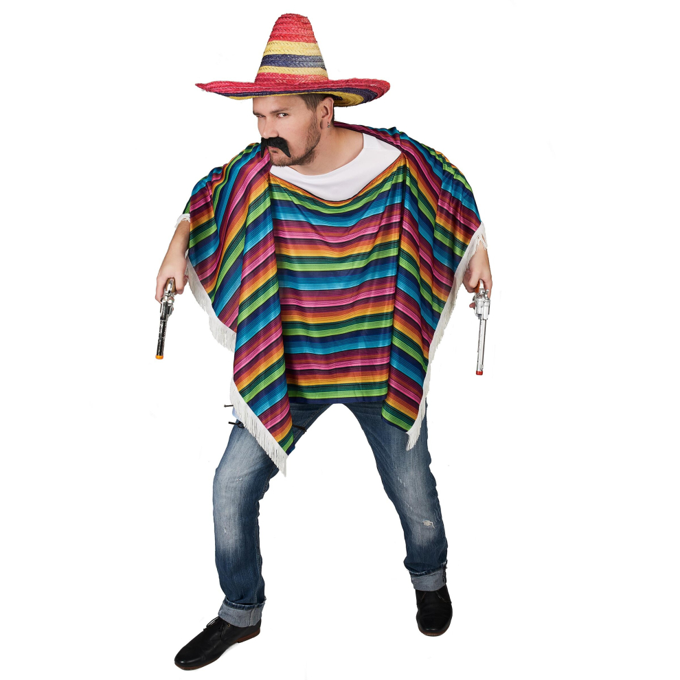 Multicolored Mexican poncho with fringes for adults