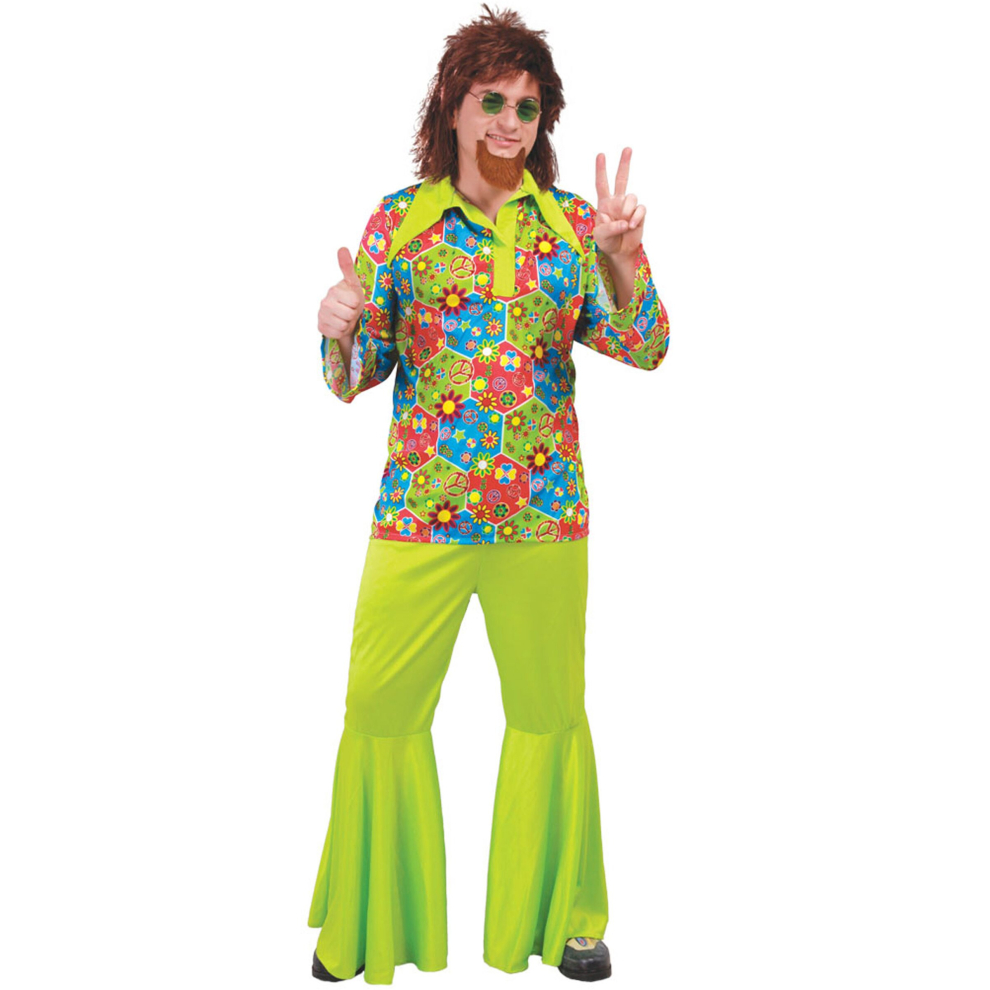 Green hippie costume with colorful symbols for men